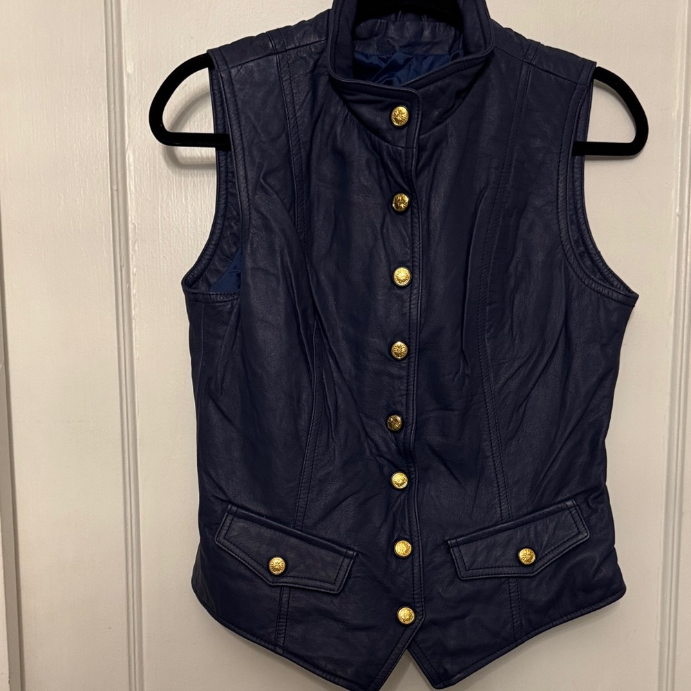 Blue Leather Vest with Gold Buttons